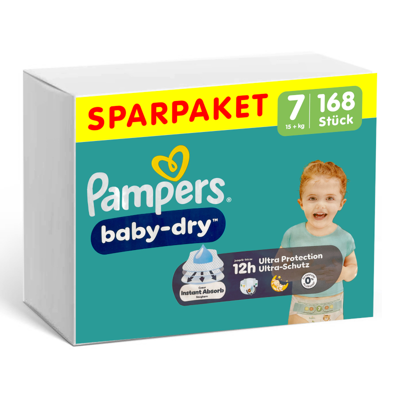 Vorderseite einer Packung Pampers Baby Dry Größe 7.